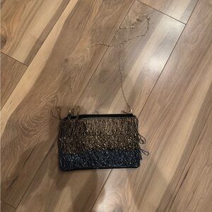 Elegant Black and Gold Fringe Clutch Evening Bag
